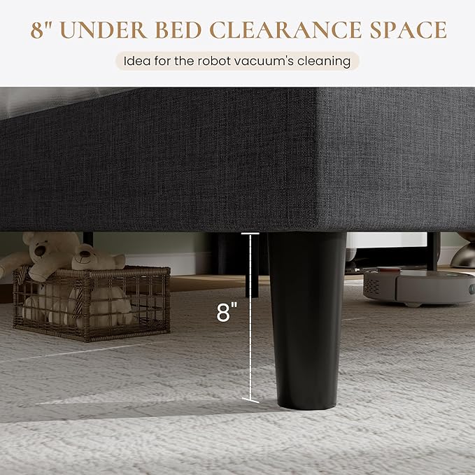 SHA CERLIN King Size Platform Bed Frame with Charging Station, Linen Wingback Headboard with Storage Shelf, Wooden Slats Support, Ample Under-Bed Space, No Box Spring Needed, Easy Assembly, Dark Grey