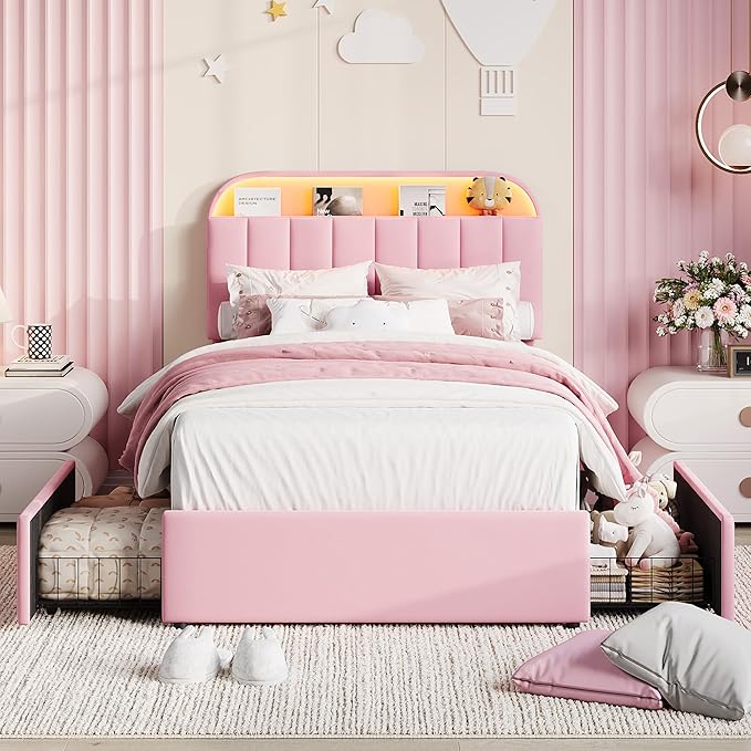 Garvee Twin Size Bed Frame with 2 Flexible Drawers, Velvet Upholstered Platform Bed Frame with Bookcase Headboard and LED Lights, Kids Bed for Girls, Easy Assembly, Noise Free, Pink