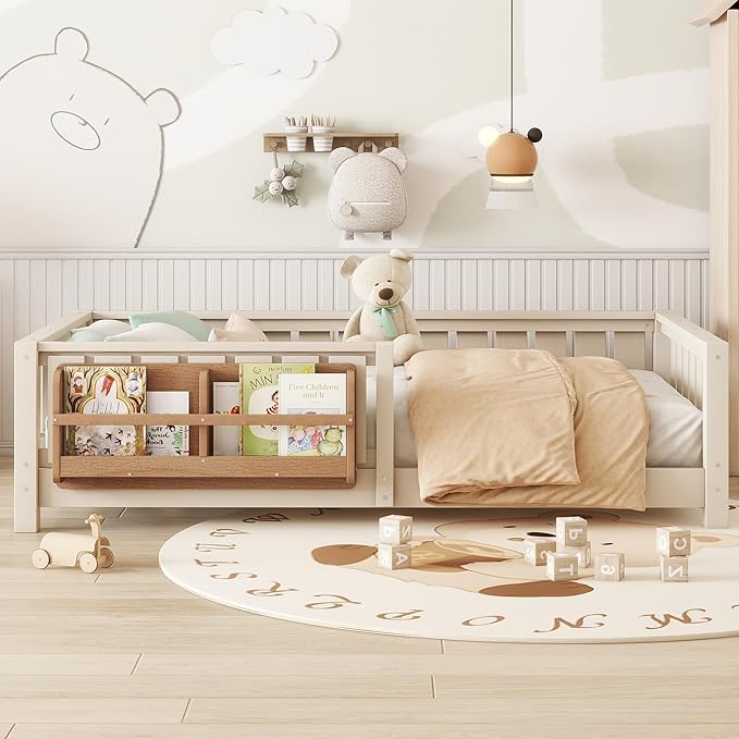 Bellemave Twin Size Kids Montessori Bed with Bookshelf,Solid Wood Twin Floor Bed Frame with Fence and Slats for Girls Boys,Low-Profile,Beige