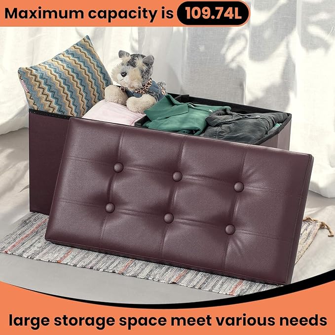COSYLAND Ottoman Bench with Storage large-30x15x15in Folding Leather Ottoman, Rectangle Foot Stool Foldable Storage Chest Footrest Footstool Collapsible with Lid for Bedroom Living Room Brown