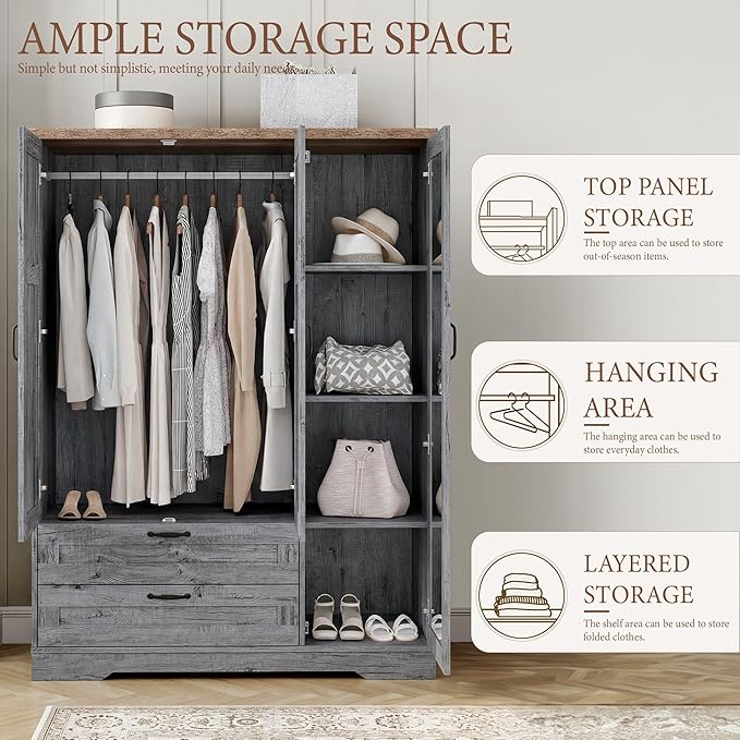 Yechen 3-Door Wooden Armoire Wardrobe Closet with Drawers and Shelves, Bedroom Armoires with Mirror for Hanging Clothes, Coat, Farmhouse Wardrobe Cabinet for Large Storage Needed