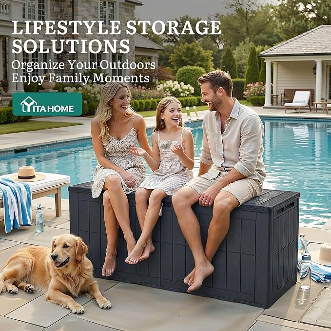 YITAHOME 134 Gallon Large Outdoor Storage Box with Lock, Waterproof Deck Box with Hydraulic Piston for Garden Tools, Pool Accessories & Cushions, Resin Deck Organizer with Bench Seat(Dark Gray)