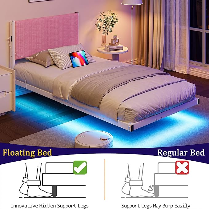 Twin Size Floating Bed Frame with LED Lights & USB Charging Station,Pink Twin Bed Frame with Headboard,Heavy Duty Metal Platform Bed for Girls,Strong Slats Support,No Box Spring Needed,Easy Assembly