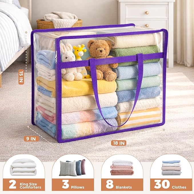 Budding Joy 6 Pack Clear Zippered Storage Bags for Clothes,40L Closet Organizers and Storage Containers Vinyl Moving Bag for Bedding, Linen, Blankets, Comforters, Clothing & Toys