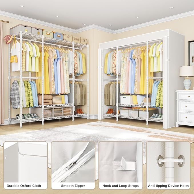 ULIFHOME E3C White Clothes Rack with Beige Cover, Heavy Duty Freestanding Garment Rack, Metal Closet System Storage Organizer for Clothing, Holds up to 850 lbs, 59.5" W x 16.5" D x 77.4" H