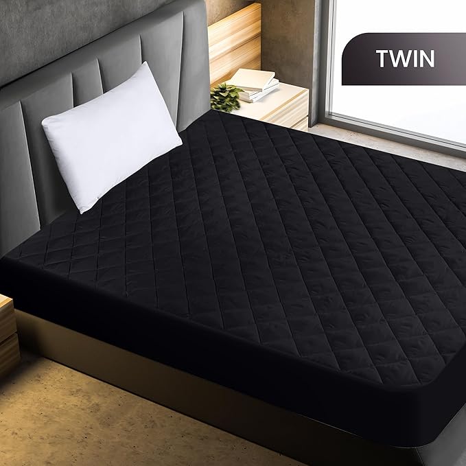 Utopia Bedding Quilted Fitted Mattress Pad, Twin Size, Elastic Fitted Mattress Topper Protector and Cover with Deep Pocket Stretches up to 16 Inches, Machine Washable (Black)