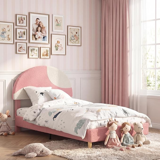 Garvee Twin Bed Frame with Round Boucle Headboard, Upholstered Arch-Shaped Design in Soft Pink & White, Modern Kids Wooden Slats Bed, No Box Spring Required & Easy Assembly