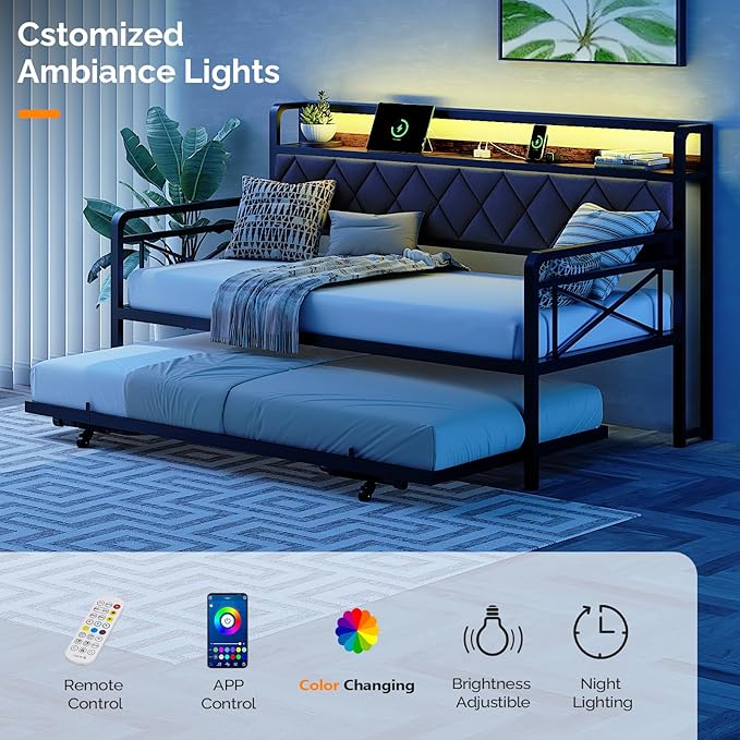 VINGLI Full Daybed with Trundle Bed, Upholstered Day Bed with LED Light & Charing Station, Sofa Bed Frame with Storage Headboard and Heavy Duty Metal Slats, for Living Room, Bedroom, Guest Room, Gray