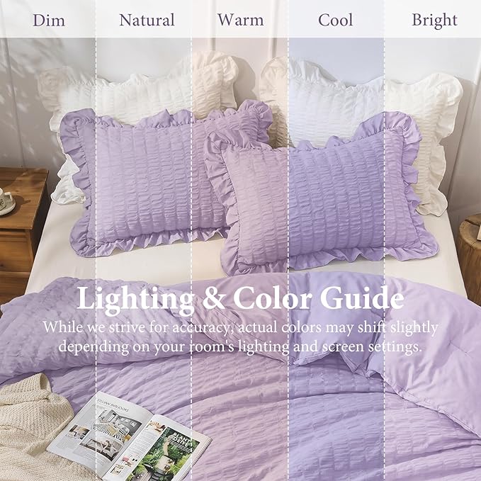 JOLLYVOGUE Lavender Queen Comforter Set, 3 Pieces Seersucker Comforters Queen Size, Lightweight & Fluffy Bedding Sets Queen for All Season with 1 Ruffle Comforter and 2 Ruffle Pillowshams