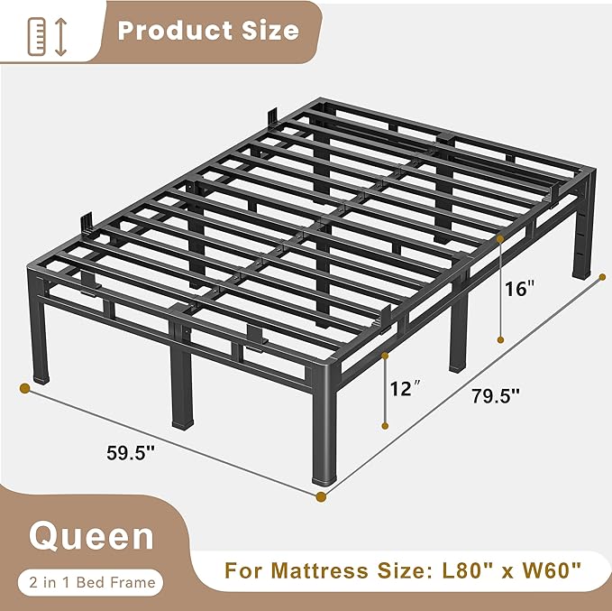 ROIL 16 Inch Queen Bed Frame, Double Layer Metal Bed Frame with Round Corner Legs, 4000LBS Bed Frame & Box Spring 2 in 1 Platform with Headboard Holes Mattress Baffles, Noise-Free Easy Assembly
