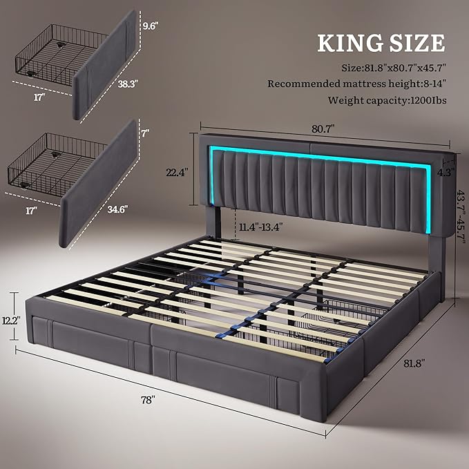 YITAHOME King Size Bed Frame with Adjustable Headboard, 4 Storage Drawers and RGB LED Lights, Velvet Upholstered Platform Bed with USB Ports, No Box Spring Needed, Fast Assembly, Noise-Free, Dark Grey