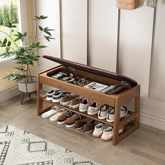 Shoe Rack Bench with Hidden Storage, 2-Tier Solid Rubberwood Entryway Bench with Soft Leather Cushioned Seat & Flip-Top Storage, 330lbs Capacity, Wooden Shoe Organizer for Hallway, Closet, Foyer