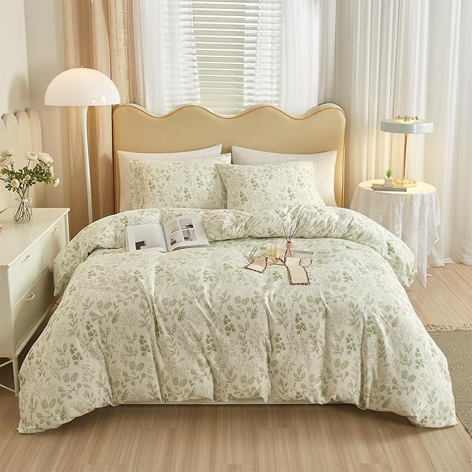 mixinni Girls Boho Green Floral Duvet Cover Set Twin XL Size Cotton Soft Aesthetic Cute Flowers Leaves Pattern Bedding Comforter Cover, 1 Queen Duvet Cover with 2 Pillowcases for All Seasons