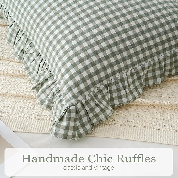 2 Pack Sage Green/White Plaid Ruffle Throw Pillow Covers Farmhouse Checkered Chic Washed Cotton Pillowcases Gingham Pillow Shams for Bed, Sofa, Living Room-20"x20" Sage Green