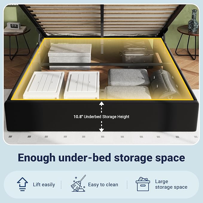 Allewie Full Size Lift Up Storage Bed Frame with Charging Station & LED Lights, Adjustable Velvet Upholstered Storage Headboard, Type-C & USB Ports, Hydraulic Support, No Box Spring Needed, Black