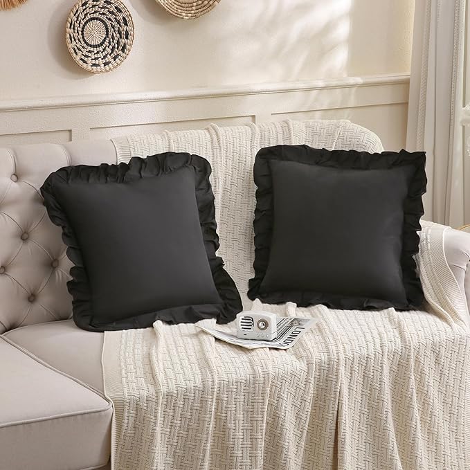 Merryword Black Pillowcases 18x18 Cute Throw Pillow Covers Pack of 2 Ruffle Pillowcase Cushion for Couch Sofa Bedroom