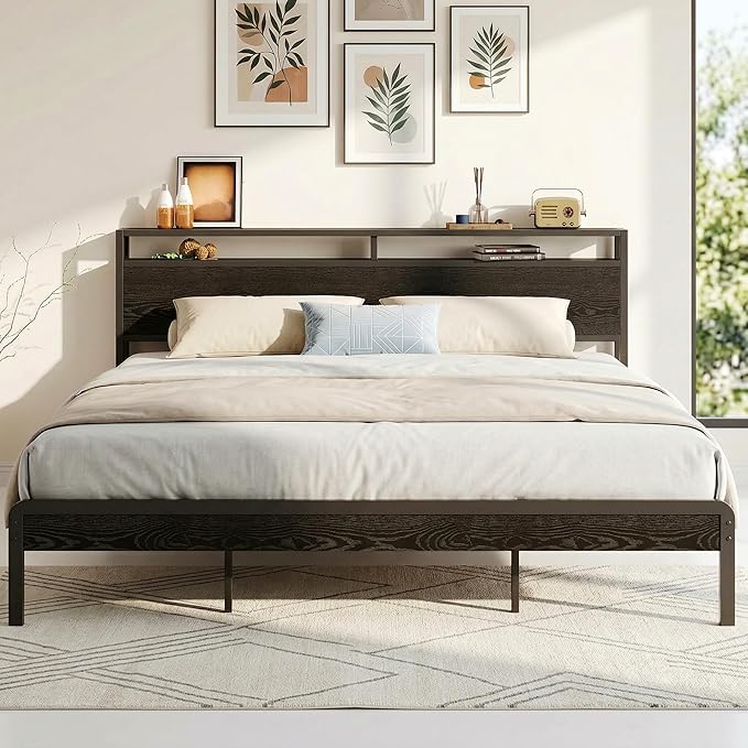 LIKIMIO California King Bed Frame with Headboard, Dark Wood Camas California King with Strong Supports, Sturdy, Noise-Free, No Box Spring Needed, Black