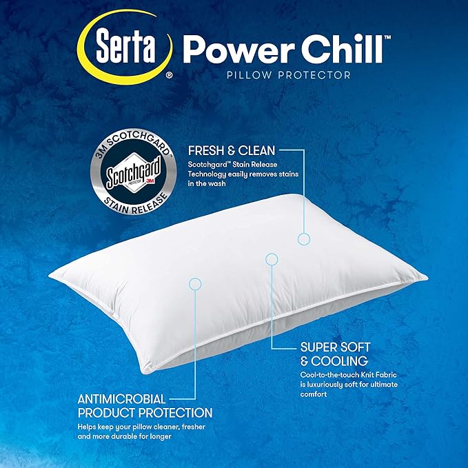 Serta Power Chill Cooling Pillow Protectors, Stain Resistant and Zippered Protector, Protects-Pillow from Dust and Dirt, Standard/Queen, White , 2 Count (Pack of 2)