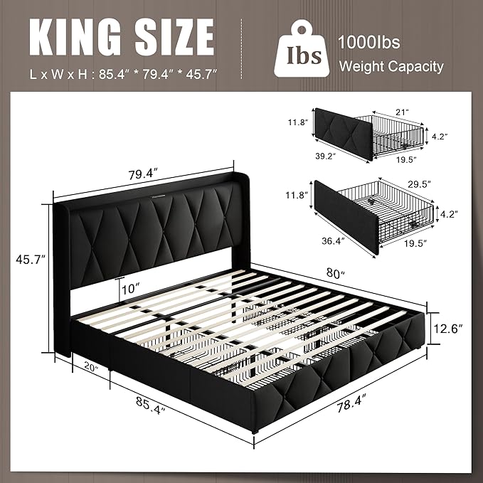 Einhomn King Size Bed Frame with 4 Storage Drawers and Charging Station, Upholstered Platform Bed Frame with Storage Headboard, No Box Spring Needed, Easy Assembly, Black