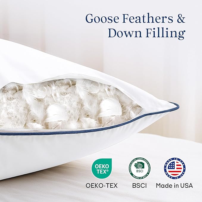 puredown® Made in USA Goose Feathers Polyester Fiber Pillows, 100% Cotton Cover, Bed Pillow King Size Set of 2 for Sleeping, 20x36 Inches