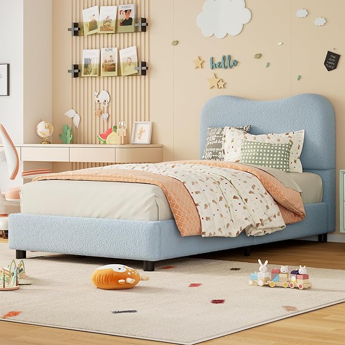Boucle Twin Bed Frame for Kids with Upholstered Headboard, Low Profile Sturdy Platform Bed with Soft Boucle Fabric for Girls and Boys, Heavy Duty, Wooden Slats, Noise Free, No Box Spring Needed, Blue
