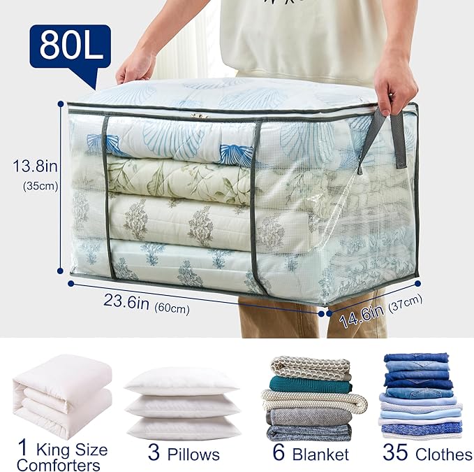 MKOKYD 80L Clear Large Storage Bag, Clothes Storage Containers for Organizing Closet, Bedroom, Underbed, Comforters, Clothing, Blankets, Pillow, Foldable Organizer with Sturdy Handle and Zippers (8)