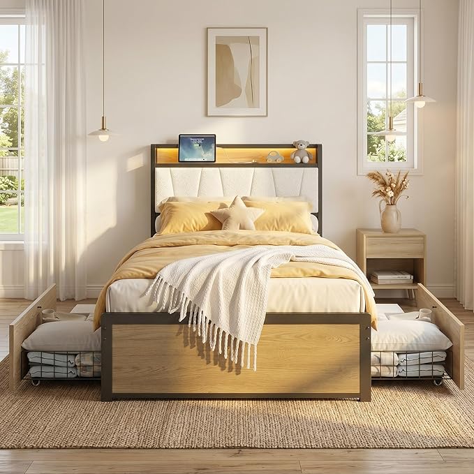 LIKIMIO Twin XL Bed Frame, DIY Storage Drawer Layout, Charging Station & LED Lights, Boucle Upholstered Platform XL Twin Bed Frame for Teen Rooms, Small Apartments & Bedrooms, Wood and Cream
