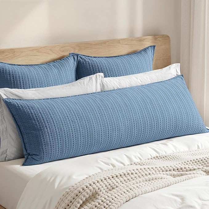 100% Cotton Waffle Weave Body Pillowcase, 1 Pack 20x54 Decorative Body Pillow Cover for Bed Couch Sofa, Neutral Coastal Long Cushion Sham Modern Farmhouse Home Decor, Blue