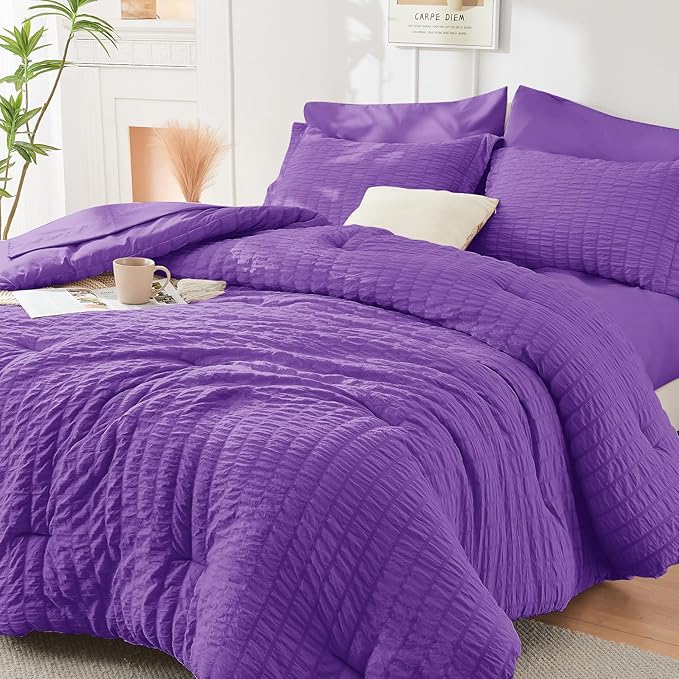 HYMOKEGE Bright Purple Twin Comforter Set Seersucker 5 Pieces, All Season Luxury Bed in a Bag for Bedroom, Bedding Set with Comforter, Sheets, Pillowcase & Sham