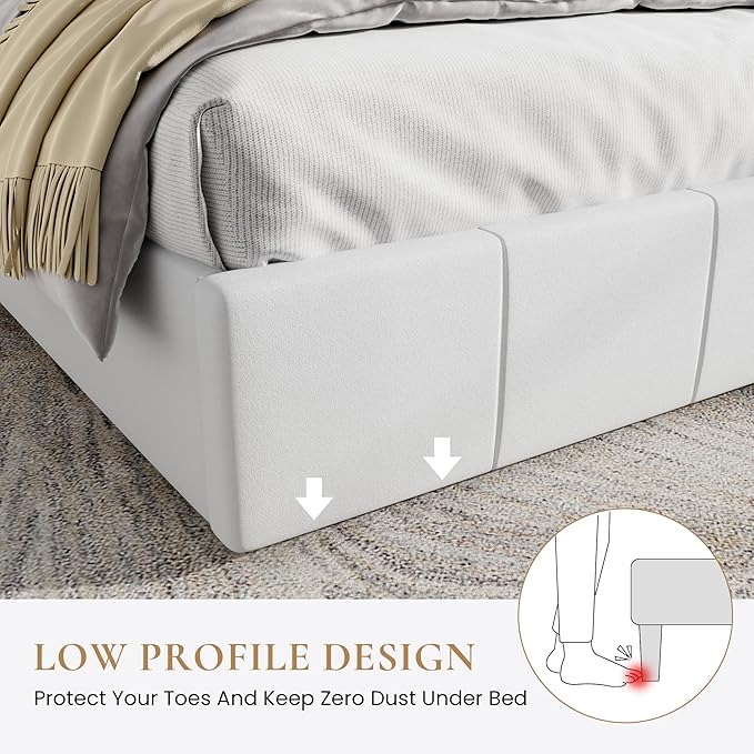 SHA CERLIN Queen Bed Frame, Velvet Upholstered Platform Bed Frame, Vertical Channel Tufted Adjustable Headboard, Low Profile Bed Frame, No Box Spring Needed, Easy Assembly, White