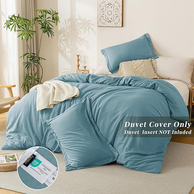 MILDLY Super Soft Duvet Cover - 100% Washed Microfiber Grayish Blue Comforter Cover Set 3 Pieces with Zipper Closure & Corner Ties (No Comforter)