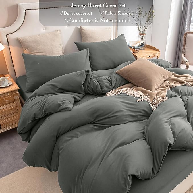 PURE ERA Jersey Knit Duvet Cover Set 100% T-Shirt Cotton Super Soft Comfy 3pc Bedding Set with Zipper Closure (Solid Dark Greenish Gray, King)