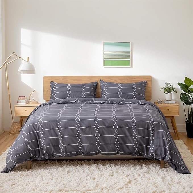 TOCOMOA Plaid Duvet Cover Set 100% Natural Cotton Soft Comfy Breathable 3 Piece Grey and White Pattern Printed Comforter Cover Bedding Set (Queen 90"x90", Comforter Not Included)