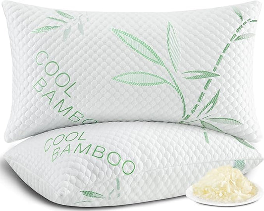 Shredded Memory Foam Pillows, Cooling Pillows Standard Size Set of 2 Adjustable Firm Bamboo Bed Pillows for Hot, Side, Back and Stomach Sleepers