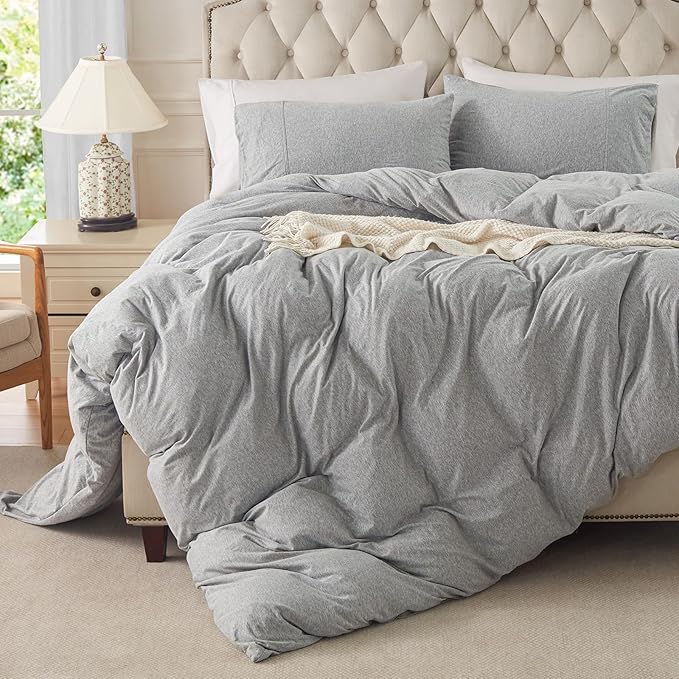PURE ERA Jersey Knit Duvet Cover Set 100% T-Shirt Cotton Super Soft Comfy 3pc Bedding Set with Zipper Closure (Heather Grey, Cal King)