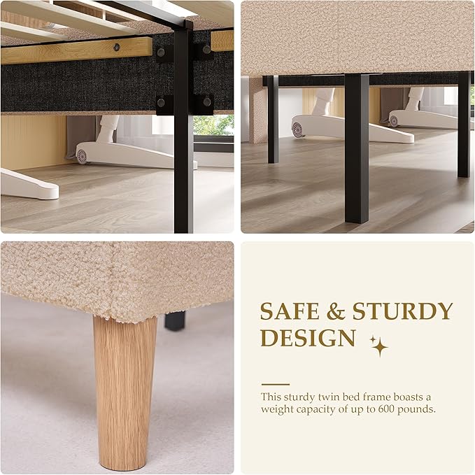 VECELO Twin Size Bed Frame, Upholstered Platform Bedframe with Height Adjustable Plush Fabric Headboard, No Box Spring Needed, Beige