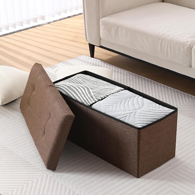 Storage Ottoman Bench Foldable Seat Footrest Shoe Bench End of Bed Storage with Flipping Lid, 75L Storage Space, 30 inches Linen Fabric Brown