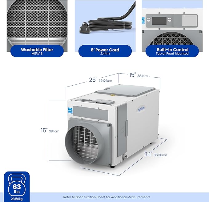 AprilAire E100 Whole House Dehumidifier for Basement & Crawl Space – 100-Pint High-Capacity Commercial Dehumidifier for Homes Up to 5,500 Sq. Ft. with Pump, Drain Hose, & Hanging Kit for DIY Install
