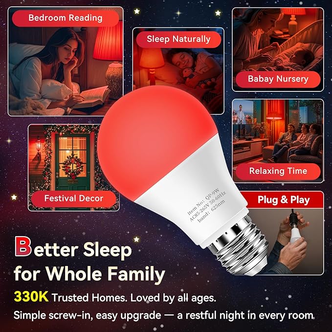 Neporal 625nm Red Light Bulbs for Sleep 3W, 100% Blue Light Blocking Light Bulbs for Melatonin Promoting, A19 LED 40W Equivalent Soft Red Night Light Bulb for Baby Nursery, Sleeping, Reading, 6-Pack
