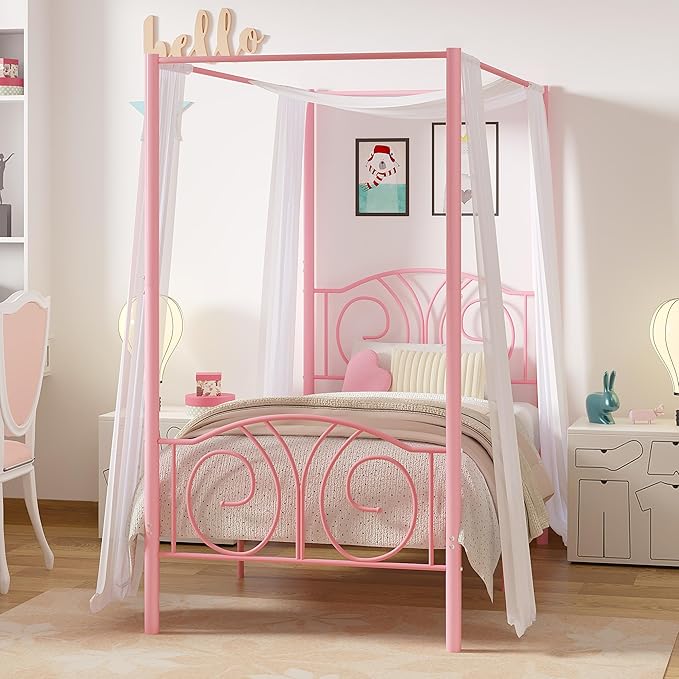 VECELO Metal Canopy Bed Frame Twin Size, 4 Posters Platform Mattress Foundation with Headboard, Heavy Duty Steel Slats Support, No Box Spring Needed, Pink