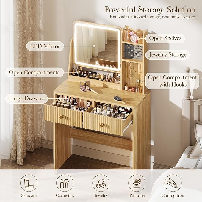 Memobarco Fluted Vanity Desk with Mirror and Lights, Small Makeup Vanity with 2 Drawers and Jewelry Storage Cabinet, 3 Lighting Modes Adjustable Brightness, Dressing Table for Bedroom - Natural Oak