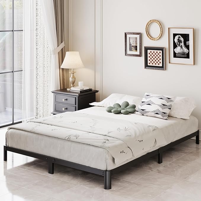 Lutown-Teen 7 Inch Low Profile Full Size Bed Frame with Rounded Corner Legs, 2000 LBS Heavy Duty Metal Full Platform Bed Frame No Box Spring Needed, Easy Assembly, Black