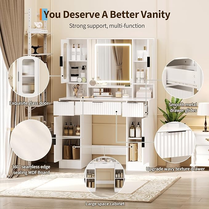 Garvee Vanity Desk with Mirror and Light, Modern Makeup Dressing Table with Adjustable 3 Colors Light, Vanities for Bedroom with 2 Glass Cabinets, 2 Large Cabinets, 3 Drawers & Storage Shelves, White