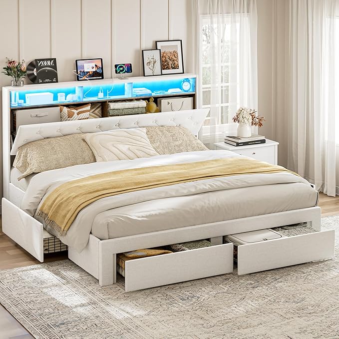 California King Bed Frames with 4 Drawers, Hidden Storage Headboard with LED Lights and Charging Station, Upholstered Cal King Platform Bed, Noise Free, No Box Spring Needed, White