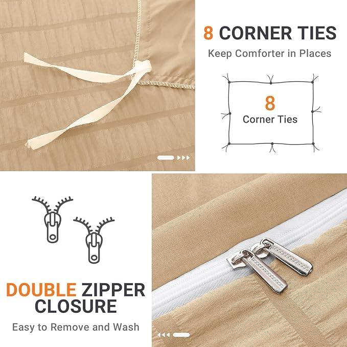 HYMOKEGE Khaki Duvet Cover King Size, Ultra Soft 3-Piece Seersucker Duvet Cover Set with Zipper Closure, Soft Brushed Microfiber Bedding Set with 8 Corner Ties (104"x90", 2 Pillowshams)