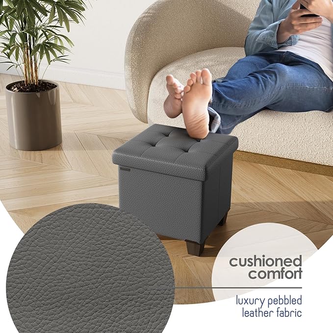 Storage Ottoman Cube with Small Bin, 15-in Square Ottoman with Storage for Living Room and Bedroom, Small Ottomans Foot Rest, Faux Leather Foot Stools Ottomans Max 330lbs, Grey