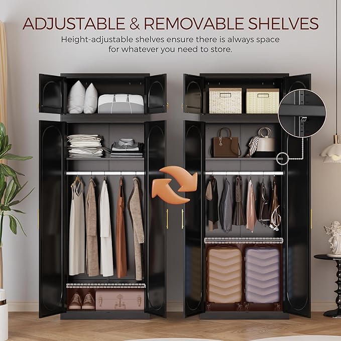 Metal Armoire Wardrobe Closet with Doors, 86" Tall Wardrobe Cabinet with Hanging Rod and Adjustable Shelves, Black Clothing Storage Cabinets for Bedroom, Home Office