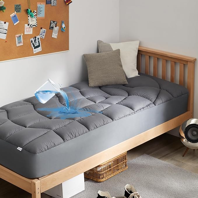 Unikome Twin XL Mattress Pad Waterproof - Soft Mattress Topper for College Dorm Room Essentials, Extra Long Noiseless Twin Mattress Protector Cover with 8"-21" Deep Pocket (Grey, 39x80)