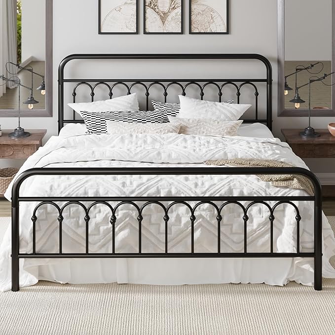 Allewie 14 Inches King Size Metal Platform Bed Frame with Victorian Style Curved Iron-Art Headboard/Footboard, Metal Slats Support, Easy Assembly, Under Bed Storage, No Box Spring Required, Black