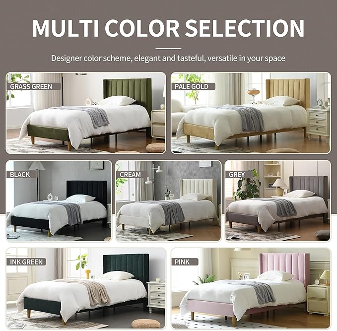YUHUASHI upholstered Platform Bed Frame/Twin Bed Frame/Modern Geometric Double-Wing Design headboard/Velvet Fabric/Easy to Assemble no Noise (Grass Green, Twin)